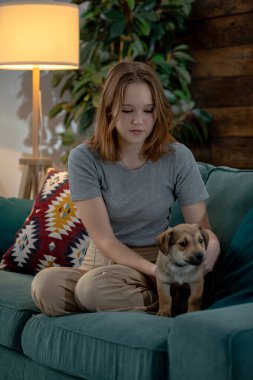 Rahat ve rahat bir ortamda, genç bir kız kanepede oturuyor, neşeyle sevimli ve neşeli bir köpek yavrusu tutuyor.