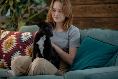 Bir insan kanepede, siyah bir köpeğin yanında huzurlu bir şekilde rahatlar ve harika sıcak ve samimi bir atmosfer yaratır.