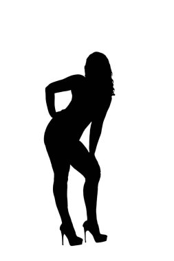 Zarif bir kadın silueti yüksek topuklularla güvenle poz veriyor, güzelliğini ve duruşunu sergiliyor.