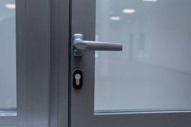 Bu parlak cam kapı, metal sapı ve güvenlik kilidi olan minimalist bir tasarım içeriyor.