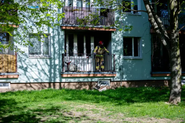 Silahlı bir asker, bereketli ve canlı yeşilliklerle çevrili yüksek bir şehir binasının balkonunda duruyor.