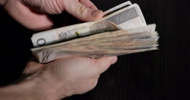 Görüntü, Polonya para birimi banknotlarını karanlık bir yüzeyde sayarak para yönetimi eylemlerini vurguluyor.