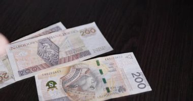 Koyu renk tahta bir masa yüzeyine titizlikle güvenilen çeşitli para birimlerinin yakın plan görüntüsü.