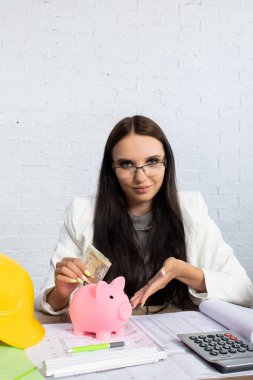 Domuzcuk bankası ve hesap makinesi kullanarak çeşitli tasarruf kavramlarını ustalıkla gösteren bir mali danışman.