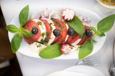 Olgun domates katmanları, kremalı mozarella ve bitkilerle birlikte Caprese salatasının görsel olarak çekici bir sunumu.