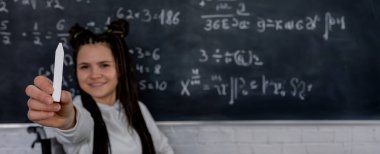 Renkli işaretli hevesli bir öğretmen denklemlerle dolu bir tahtadaki karmaşık kavramları açıklıyor.