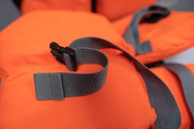 Güvenlik için tasarlanmış canlı can yelekleri, dayanıklı gri kayışlar ve su aktiviteleri için mükemmel..