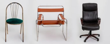 Bu, çeşitli stil ve materyalleri ön plana çıkaran üç eşsiz modern sandalye tasarımının çarpıcı bir sergisi.