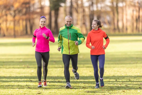 Woman runner tying shoelaces before jogging in autumn tree alley