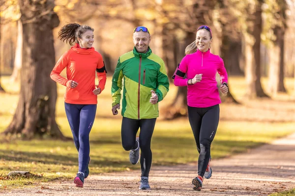 stock image A trio of runners, two young women and one mature man are running in an autumn park.