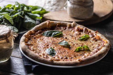 Pizza Napoli with tomato sauce, mozzarella and fresh basil, in the background flour and a jar of rye sourdough. Traditional Italian pizza with sourdough dough.