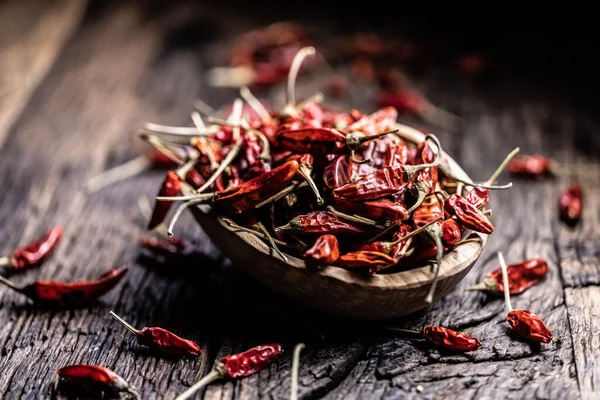 Dried Chili Peppers Woodem Bowl Rustic Table — Stock Photo, Image
