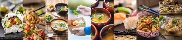 Különböző Ázsiai Ételek Élelmiszer Koncepciója Beleértve Sushit Tésztát Levest Egyetlen — Stock Fotó