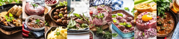 Concepto Alimenticio Una Amplia Variedad Comidas Carne Solo Collage Fotos —  Fotos de Stock