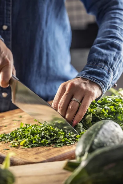 Säsong Greener Användning Köket Som Kvinna Kotletter Persilja För Frysning — Stockfoto