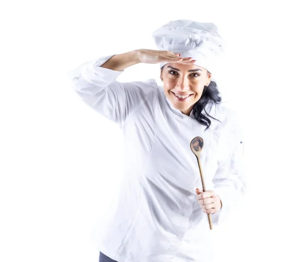 一个微笑的年轻女厨师的表情 她正在寻找新同事加入她的团队 孤立的白色背景 — 图库照片
