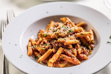 Penne alla arrabiata, İtalya 'dan tipik bir yemek, taze otlarla süslenmiş ve rendelenmiş peynirle süslenmiş beyaz bir tabakta servis ediliyor..