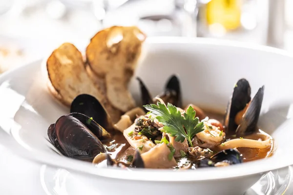 stock image Detailed view of a mussels and seafood soup in a deep designer plate.