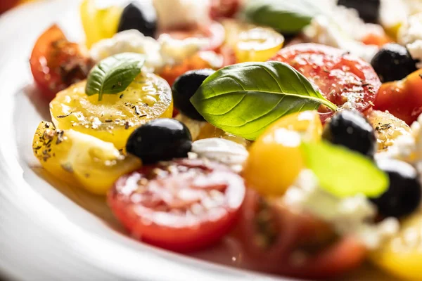 Salada Caprese Comida Mediterrânea Servida Prato Branco — Fotografia de Stock