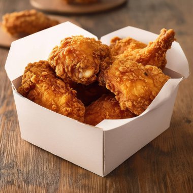 Kızarmış tavuk butları, kare beyaz bir karton kutuda servis edilir. Üretici yapay zeka.