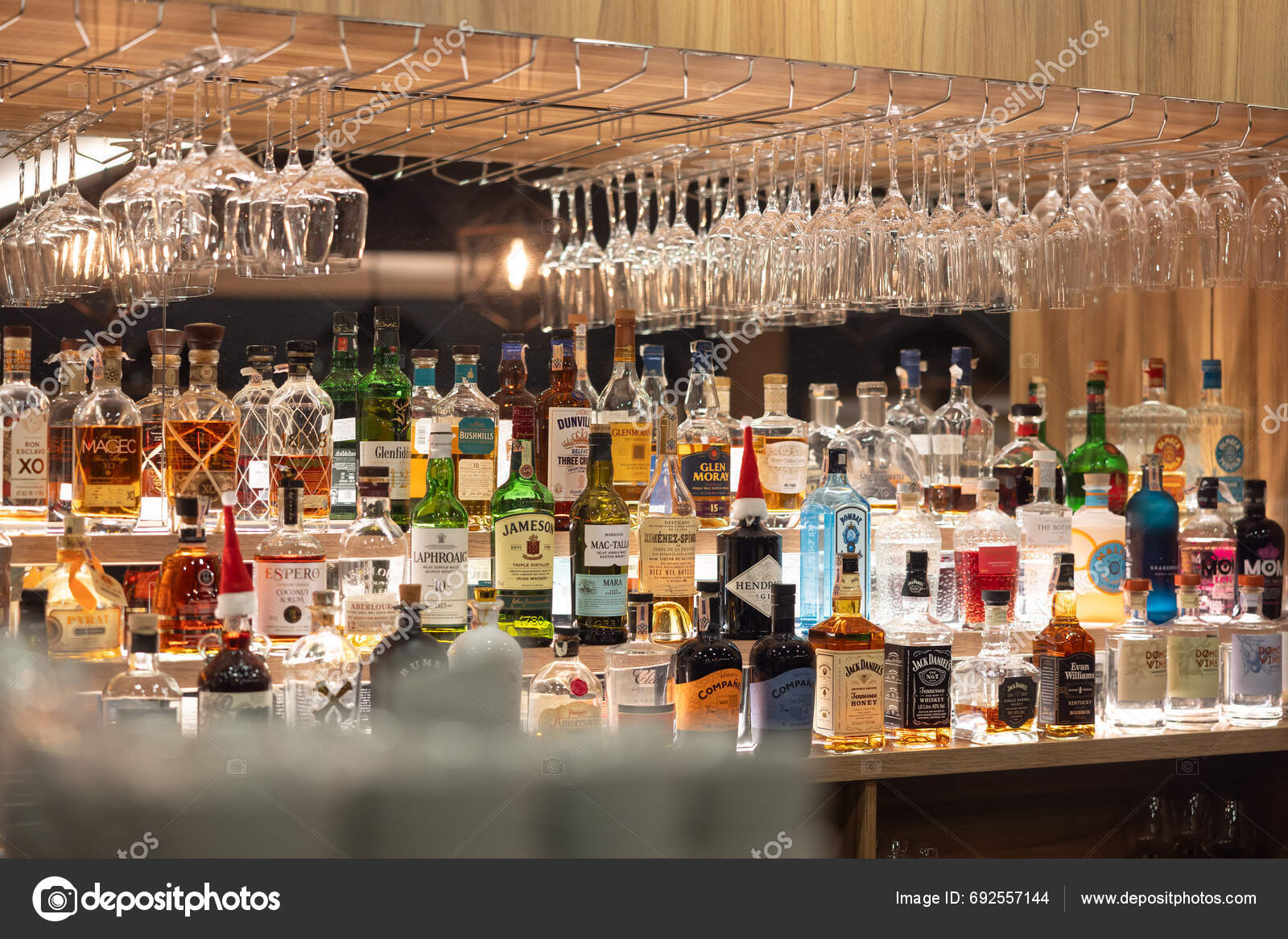 Prague December 2023 Bottles Whiskey Rum Other Spirits Restaurant Bar Stock Editorial Photo