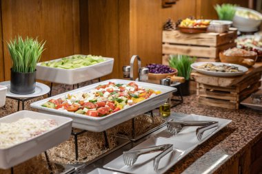 Düğün ya da otel yemeklerinde misafirler için yemek hazırlıyorum. Sağlıklı salatalar ve diğer sebzeler.