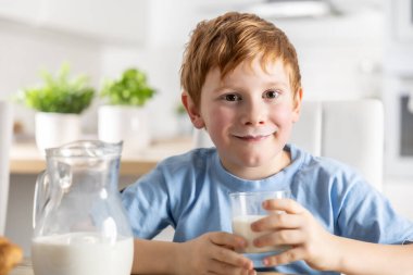 Süt içen ve bıyığı olan küçük bir çocuğun portresi..