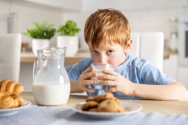 Tatlı çocuk kahvaltıda taze süt içer..