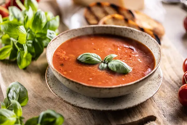 Parmesan ve fesleğenli sağlıklı vejetaryen domates çorbası. İtalyan ve Akdeniz yemekleri.