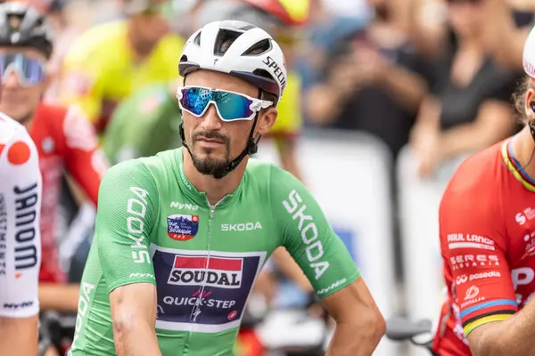 stock image Liptovsky Mikulas, Slovakia. June 30. 2024. Julian Alaphilippe leads at the start of the last stage of the Tour de Slovakia.