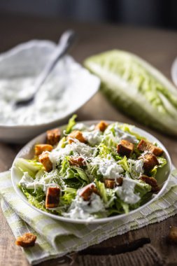 Romaine marulu, kızarmış ekmek, tzatziki sosu ve parmesan peynirinden yapılmış sağlıklı Sezar salatası. İtalya kökenli geleneksel Akdeniz Sezar salatası.