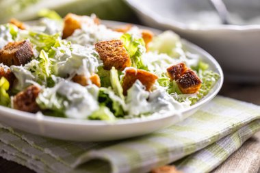 Romaine marulu, kızarmış ekmek, tzatziki sosu ve parmesan peynirinden yapılmış sağlıklı Sezar salatası. İtalya kökenli geleneksel Akdeniz Sezar salatası.