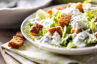 Romaine marulu, kızarmış ekmek, tzatziki sosu ve parmesan peynirinden yapılmış sağlıklı Sezar salatası. İtalya kökenli geleneksel Akdeniz Sezar salatası.