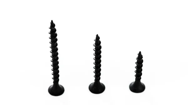 Three Screws Different Lengths Selective Focus Isolated White Background — Stock Photo, Image