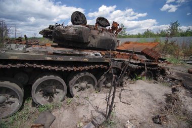 Russian tank was destroyed by the Ukrainian army. Selective focus. 