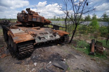 Burned tanks of the Russian invaders was destroyed by the Ukrainian army. Selective focus. 
