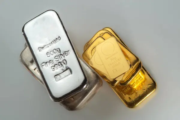 Gold Silver Bars Various Weights Grey Background Selective Focus Stock Picture