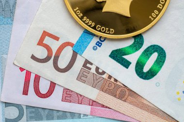Avro banknotlarının arka planında 100 dolar değerinde altın sikke. 