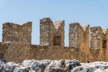 Calascio, Italy-august 9, 2021:particular of the ruins of Rocca Calascio during a sunny day