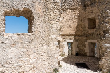 Calascio, Italy-august 9, 2021:particular of the ruins of Rocca Calascio during a sunny day