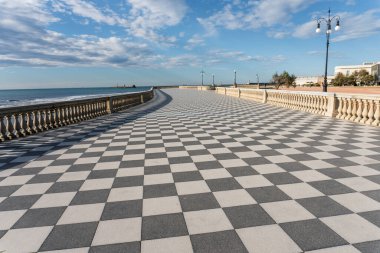 Livorno,Italy-november  27, 2022:view of the Mascagni terrace, a splendid belvedere terrace with checkerboard paved surface, Livorno, Tuscany, Italy during a sunny day.