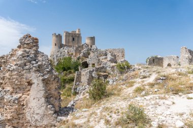 Calascio, Italy-august 9, 2021:particular of the ruins of Rocca Calascio during a sunny day