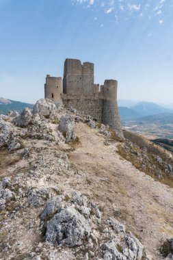 Calascio, Italy-august 9, 2021:particular of the ruins of Rocca Calascio during a sunny day