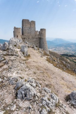 Calascio, Italy-august 9, 2021:particular of the ruins of Rocca Calascio during a sunny day