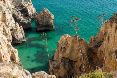 Algarve, Portekiz-Ağustos 15, 2017: güneşli bir günde Portekiz 'deki Algarve sahili manzarası
