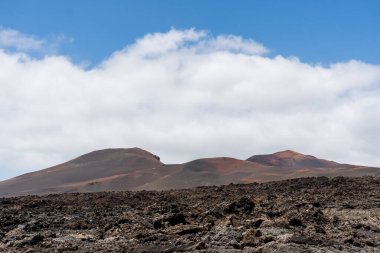 Classical view of the Timanfaya National Park and the Volcanoes in Lanzarote during a sunny day