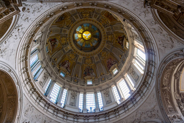 Berlin, Germany-august 9, 2022:particular of the interior dome of the famous cathedral of Berlin.