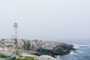 Peggy 'nin Koyu, Kanada - 13 Ağustos 2015: Sisli bir günde Nova Scotia-Kanada' daki Peggy 'nin Koyu deniz fenerinin yakınındaki insanlar