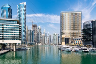 Dubai, Birleşik Arap Emirlikleri - 12 Mart 2023: Güneşli bir günde Dubai Marina 'da yürürken Dubai gökdelenlerinin manzarası