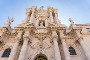 Syracuse, Italy-May 9, 2022:Metropolitan Cathedral of the Nativity of the Holy Mary in Piazza del Duomo during a sunny day